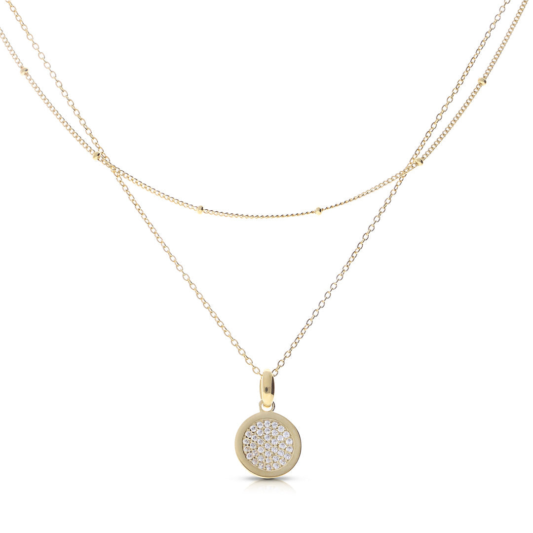 Layered Ball Chain Necklace with Pave Zirconia Pendant